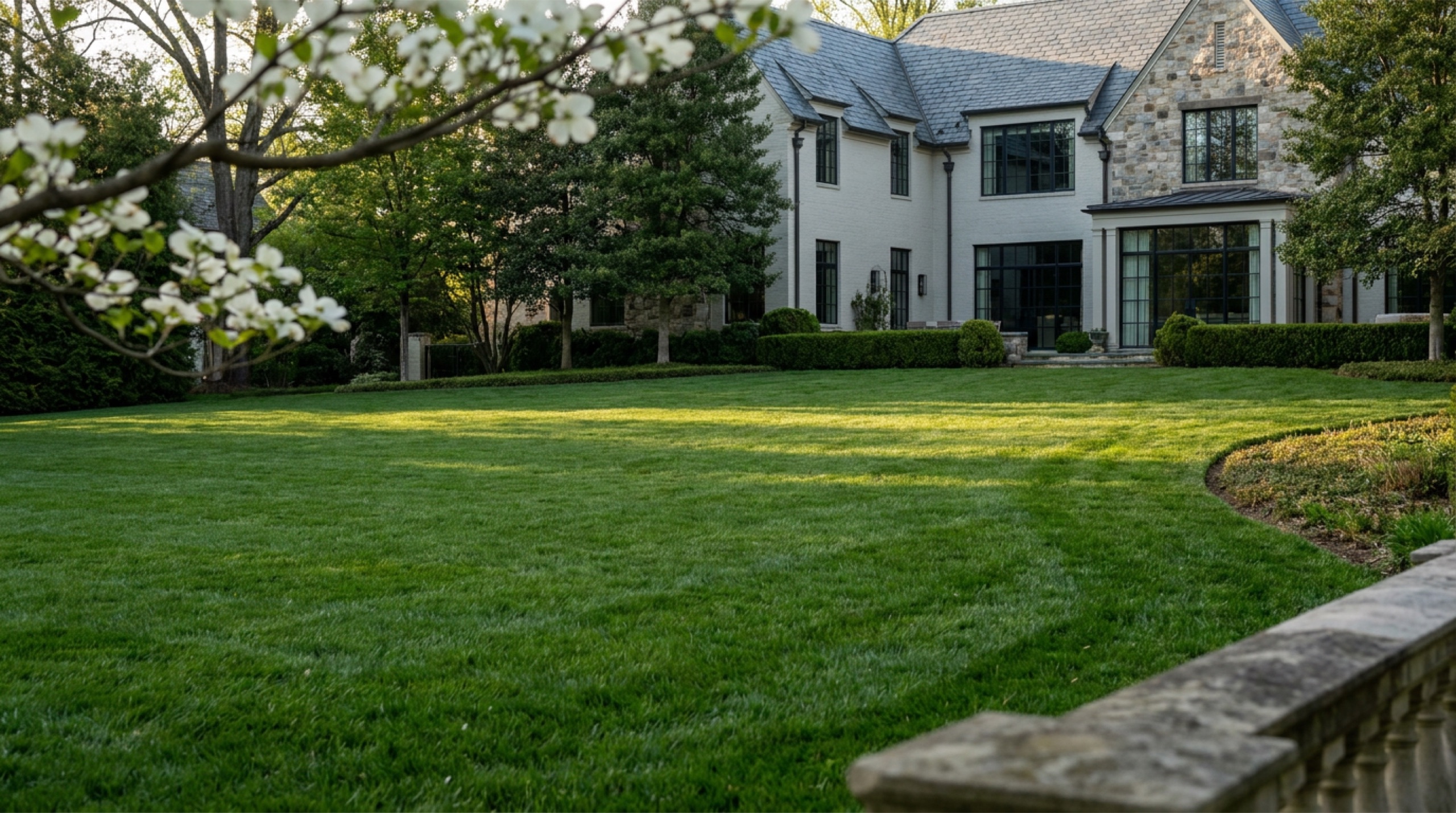 A striped estate lawn maintained by Pure Turf