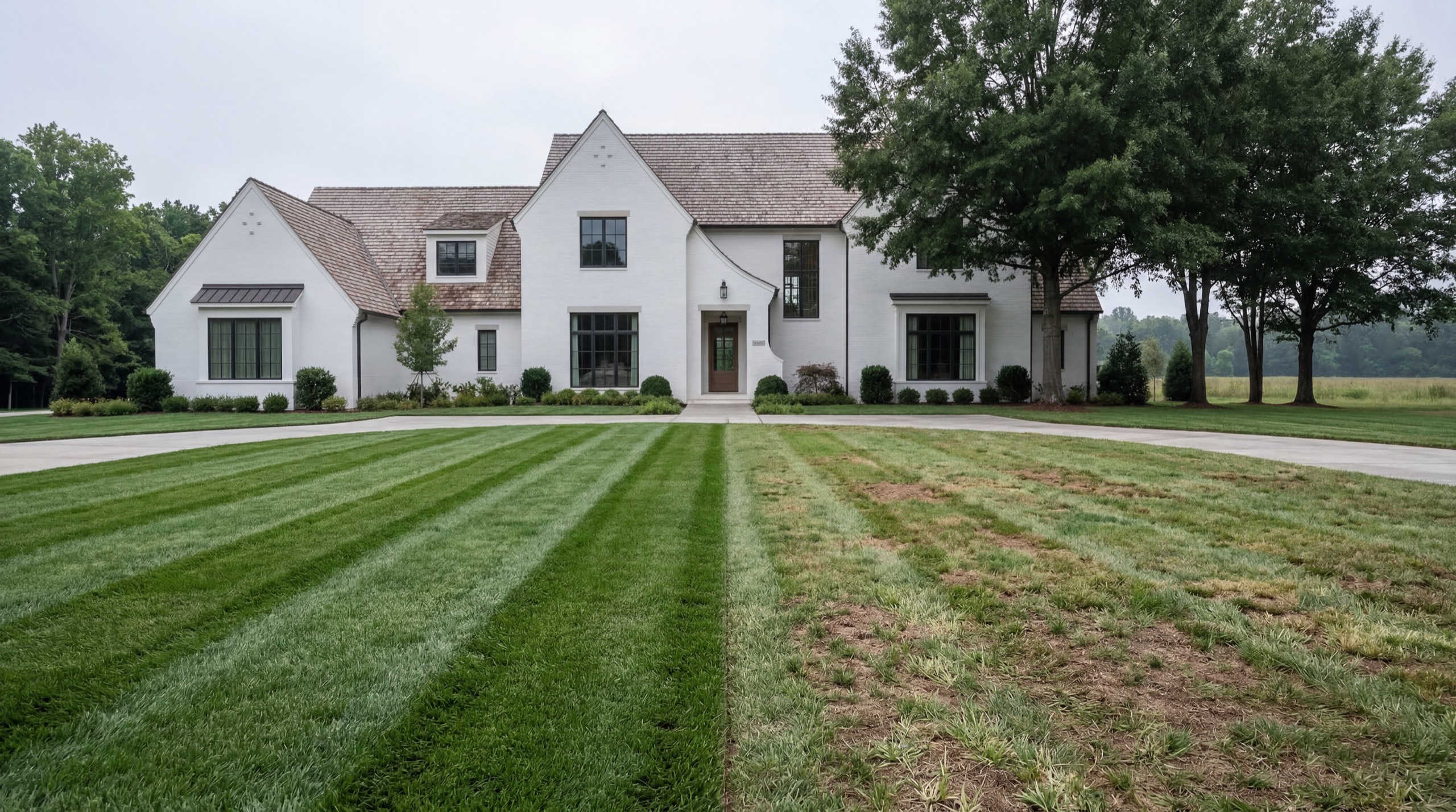 A Middle Tennessee lawn with disease damage, before and after Pure Turf treatment