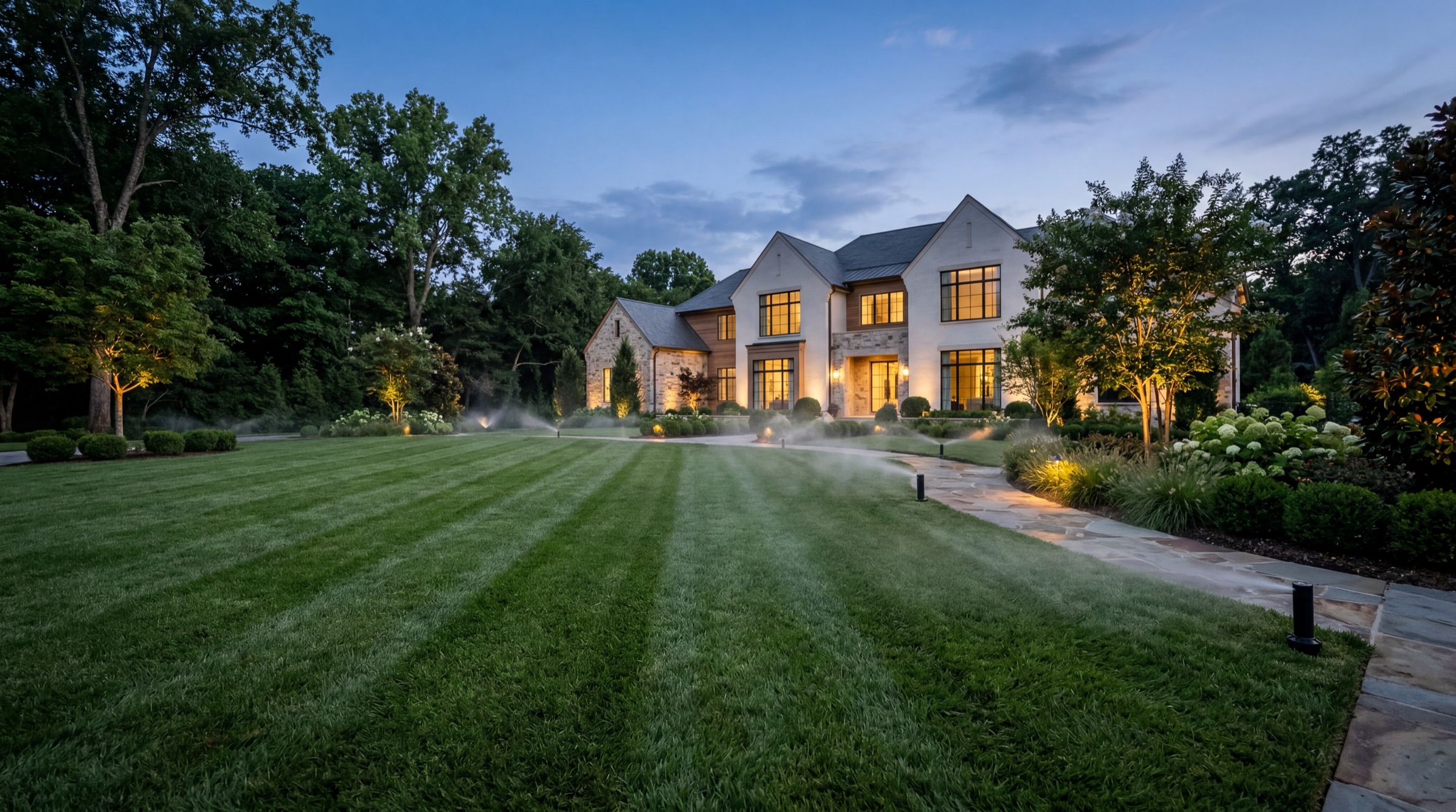 A Brentwood estate lawn at dusk
