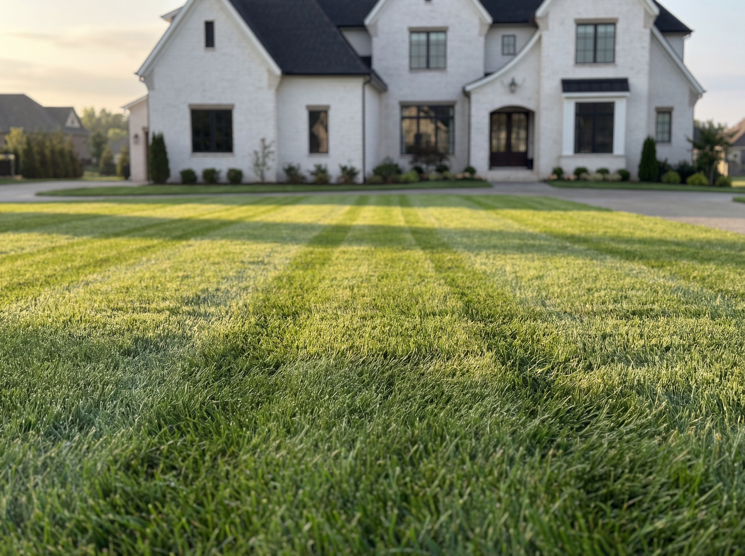 A thick, freshly striped lawn at a Brentwood estate, transformed by Pure Turf