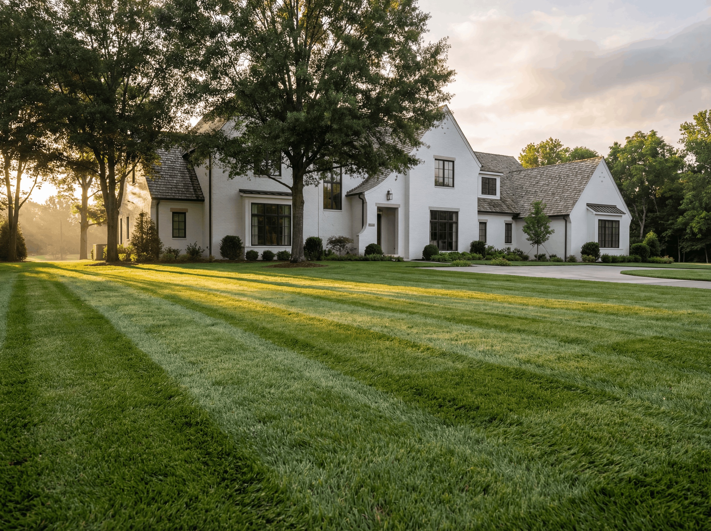 A Brentwood estate lawn, freshly striped at golden hour