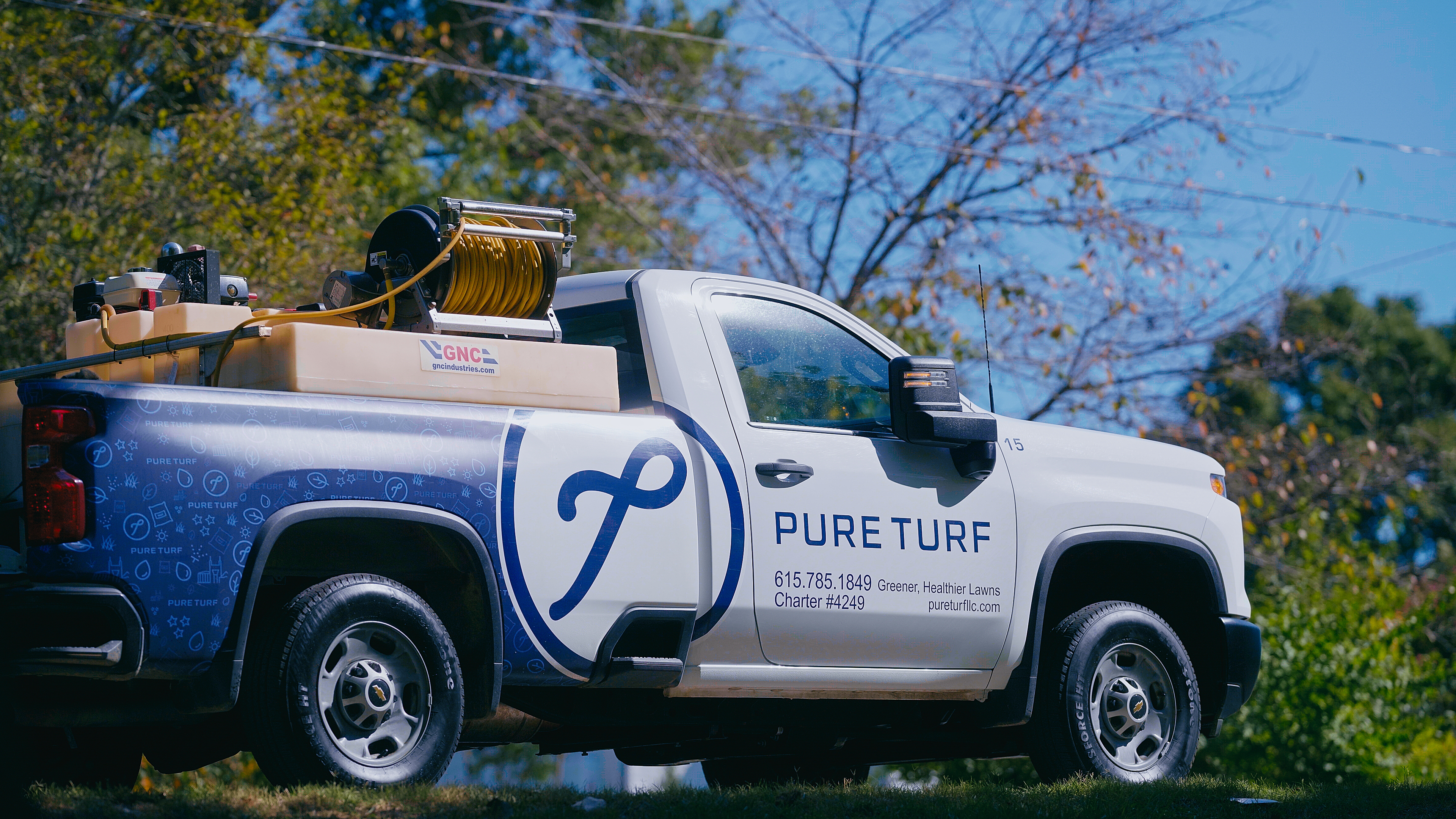 A Pure Turf truck on a Middle Tennessee lawn